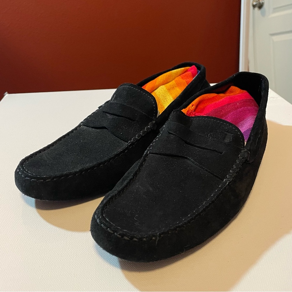 Tod's Black Suede Loafers with Bright Multicolor Lining